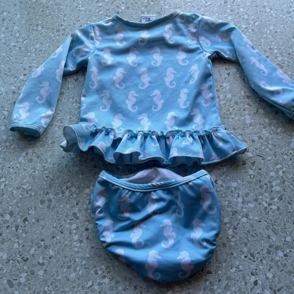 Vintage The Bailey Boys Novelty Print Seahorse Blue & White 2 pc. Swim 18Mo